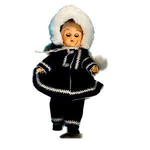 Vogue Ginny 8” vintage doll in original box. Winter chill navy fur coat dress .